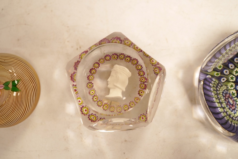 Three Whitefriars glass paperweights and a boxed St Louis sulphide paperweights, largest 7.5cm in diamter